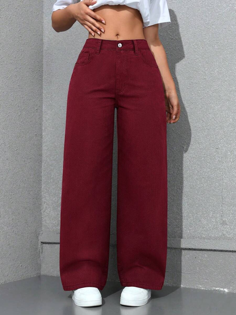 SHEIN Tall Mid-Rise Washed Women's Casual Slant Pocket Versatile Jeans - Burgundy - View 1