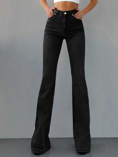 SHEIN 98 % bomull, hög midja, slim fit och utsvängda jeans TALL