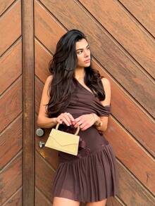 Siren Gaze Women's Floral Jacquard Asymmetric Shoulder Ruffle Hem Fashionable Mini Dress Summer Casual Chocolate Brown Dress Brown Short Dress,Summer Dresses For Women,Spring Dress Women,Valentine's Day Dress,Carnival Costume For Women ,Beach Dresses, Elegant Party Dresses For Women,Holiday Dress,Floral Dresses For Women - Coffee Brown - View 6