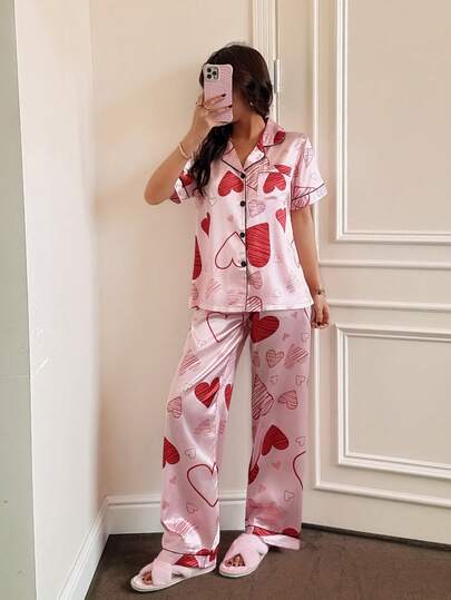 Dream Adore Conjunto de pijama de mujer con estampado de corazón, de manga corta y pantalón