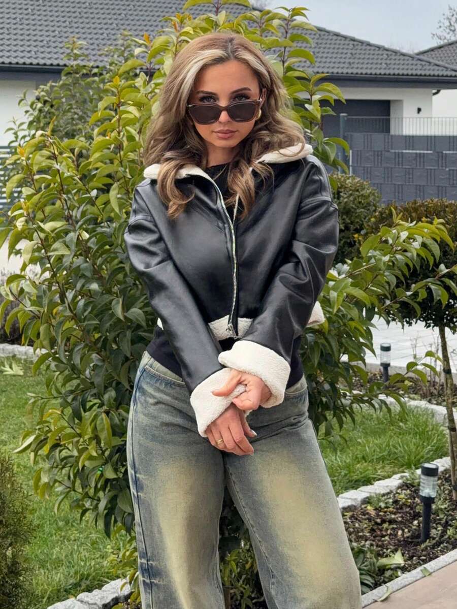 Jeta Ari 1 件女式休闲时尚毛绒边拉链夹克，秋季