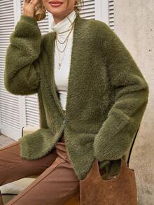 Cévolie Women's Solid Color Fluffy Casual Knit Cardigan - Green - View 1