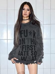 ROMWE Grunge Punk SpringOversized Letter Print Distressed Rivet Coarse Knit Washed Drop Shoulder Pullover Sweater For Women - Grey - View 1
