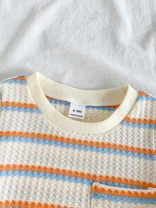 SHEIN Playful Pals 2pcs Toddler Infant Baby Boys Fashion Black & White Striped Waffle Knit Fabric Pocket Round Neck Short Sleeve T-Shirt And Black Elastic Waist Letter Patch Shorts Set, Summer - Orange - View 8