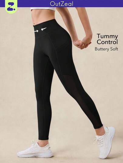 OutZeal Women Tummy Control High Waist Mesh Side Pocket Sports Legging Gym Workout Running