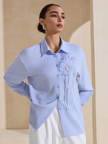 Graceveil 休闲3D立体花卉蓝色女式衬衫 - 藍色 - 查看 6