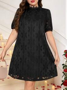 Reflora 大码女式泡泡袖荷叶边A字镂空纹理薄纱连衣裙 - 黑色 - 查看 4