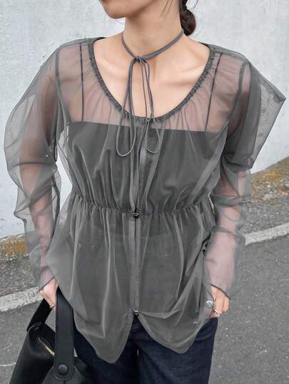 FRIFUL Women's Solid Color Round Neck Long Sleeve Sheer Cinched Waist Blouse
