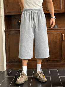 SWAVVY Pantalones casuales sueltos de 7/8 para hombres, gris claro con bordado, cintura elástica con bolsillos, para verano - Gris Claro - Ver 4