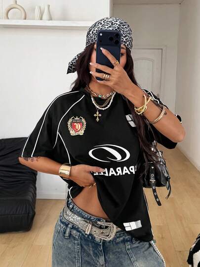 Coolane Y2K 运动风撞色短袖T恤，街头风百搭女款