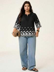 SHEIN LUNE Camisa casual de vacaciones con cuello con muesca y ribete bordado, talla grande - Negro - Ver 4