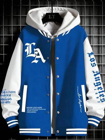 Manfinity Roughcore Chaqueta con capucha casual de bolsillo de solapa única con gráfico de letras para hombres, adecuada para uso diario y salidas en otoño/invierno