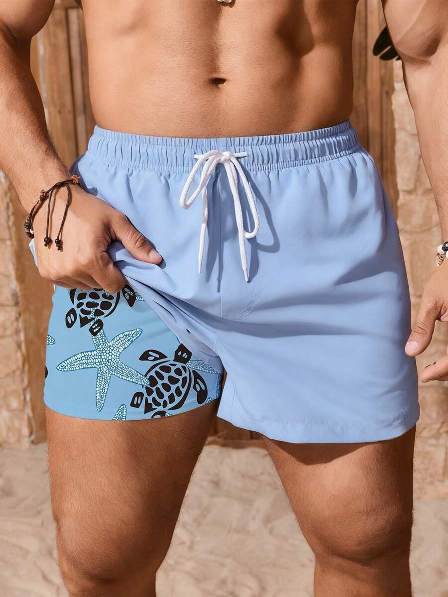 Manfinity VDAYZ Summer Men's Drawstring Waist Casual Versatile Beach Shorts Light Blue Swim Trunks Men Mens Swimwear Pool Clothes Men Beach Wear For Men Baby Blue Men Shorts - Baby Blue - View 1