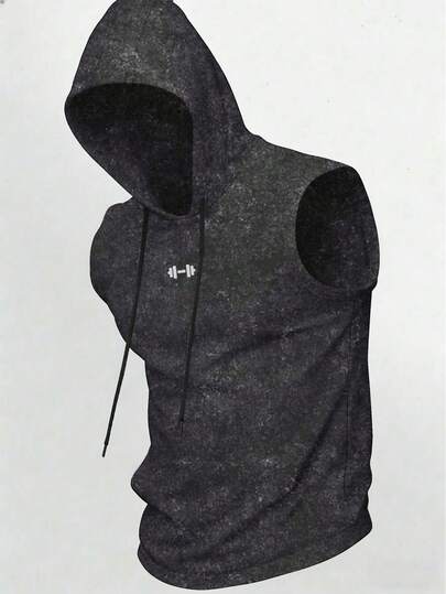 GymBeat 男士印花连帽无袖运动背心 无袖连帽衫 健身连帽衫 男士连帽衫 连帽上衣 健身房连帽衫