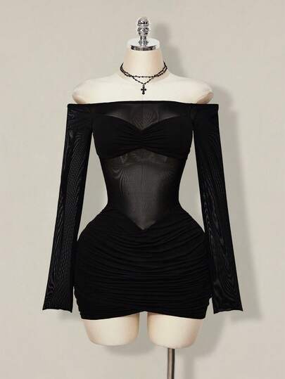 SHEIN ICON Vestido mini sexy de moda con hombros descubiertos, manga larga, fruncido y parches de malla de unicolor para mujer