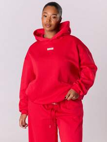 MUSERA Plus Overszied Patch Logo Hoodie Top   Casual Everyday Basics Cosy Spring Valentines Day - Red - View 1