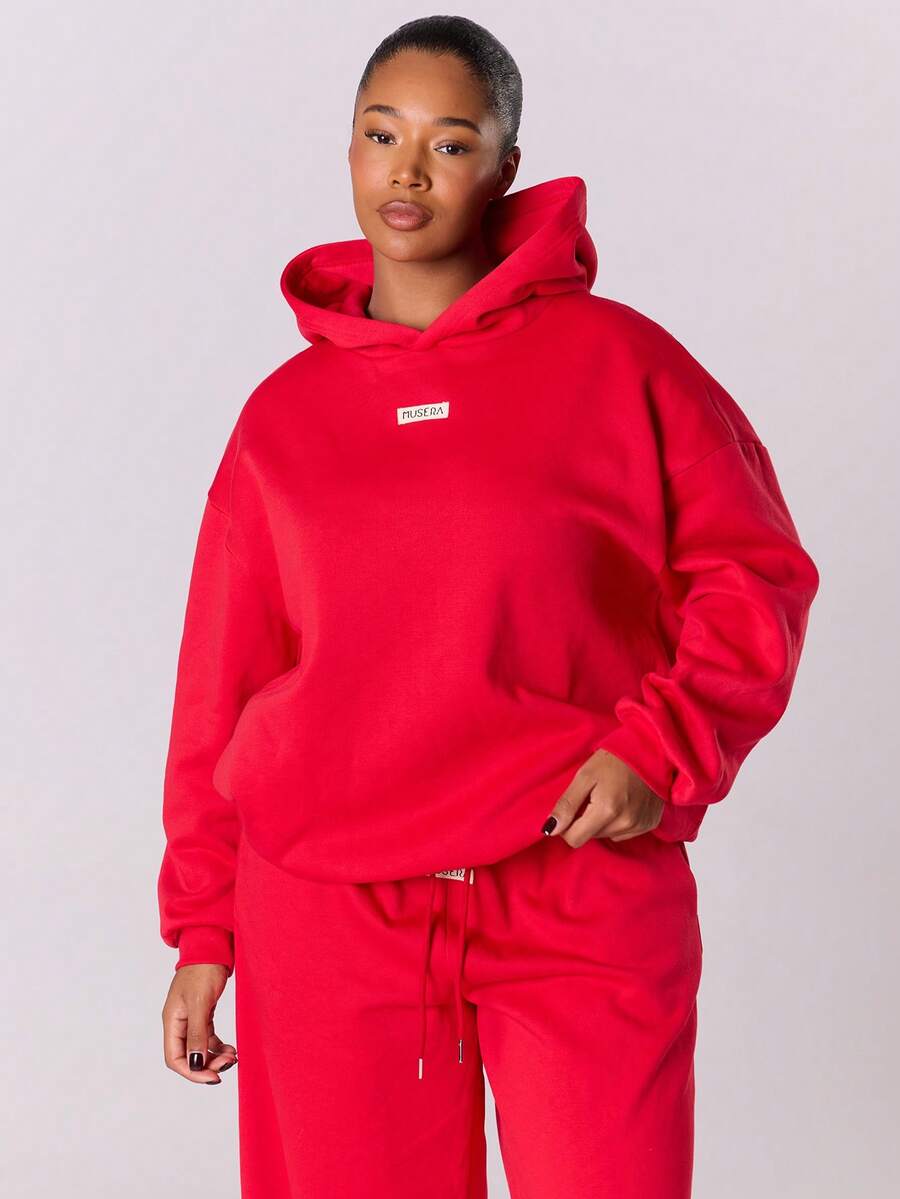 MUSERA Plus Overszied Patch Logo Hoodie Top   Casual Everyday Basics Cosy Spring Valentines Day - Red - View 1
