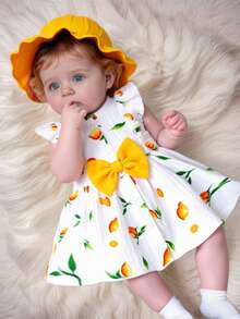 SHEIN 夏季新生女宝宝杏色圆领荷叶边卡通樱桃印花无袖红色蝴蝶结连衣裙，搭配红色帽子，优雅可爱 - 黃色 - 查看 3