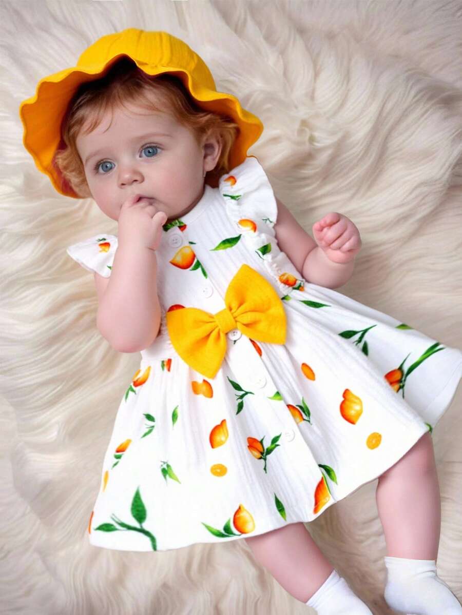 SHEIN Summer Newborn Baby Girl Apricot Round Neck Ruffle Cartoon Cherry Print Sleeveless Red Bow Dress With Red Hat Elegant And Cute - Yellow - View 1