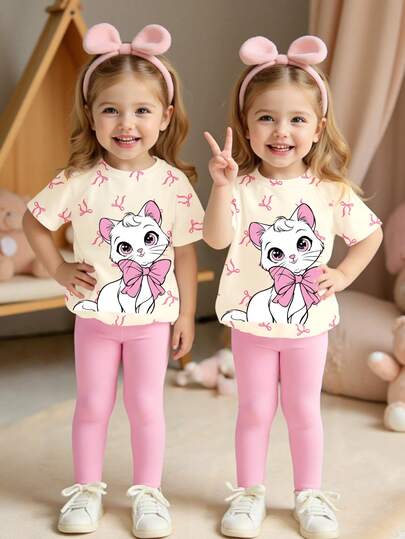 2pcs/Set Infant Girls' Casual Cute Kitty & Bow Print T-Shirt And Pants Outfit, Comfortable Daily Wear, Suitable For Spring, Summer, Autumn Toddler Girl Cartoon Shirt Toddler Girl Cute Sets Toddler Girl Legging Set Toddler Girl Kitten Top