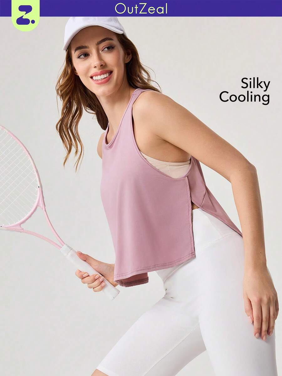 OutZeal 女士健身服运动背心粉色普拉提套装健身上衣凉爽飘逸下摆运动上衣 - 淺灰紫 - 查看 1