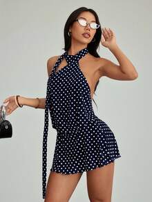 SHEIN PETITE 女士白色波点黑白网纱度假迷你连衣裙，适合夏季穿着 - 藏蓝色 - 查看 6
