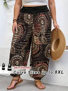 SHEIN CURVE+ Curve 尺码 US22 音乐节、海滨度假、波西米亚休闲度假时尚高腰印花哈伦裤 - 黑色 - 查看 3