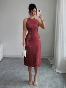 Elenzga Women's Elegant Sequin Embellished Round Neck Sleeveless Midi Dress, Romantic French Sicilian Style, Suitable For Casual, Commute, Vacation, Afternoon Tea, Christmas, Formal Party - Burgundy - View 6