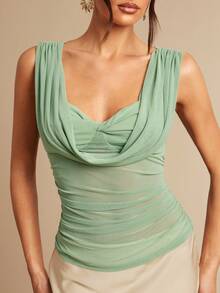 Silquee Women's Sage Green Cowl Neck Tank Top , Perfect For Spring And Summer. - Green - View 4