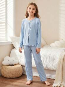 Tween Girls Pajamas-2 Piece Pajama Set Light Blue Round Neck Long Sleeve Top With Bow Ruffle Trim And Elastic Waist Long Pants Soft Lightweight Breathable Cozy Lounge Sleepwear Home Gift Four Season 2026 Holiday Essential Light Blue Pajama Set Light Blue Pjs - Blue - View 9