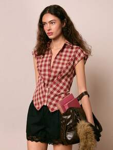 Easelle Women's Stylish Plaid Sleeveless Shirt, Suitable For Commuting And Summer Wear. Red Plaid Top And Shirt For Valentine's Day 2026. - Burgundy - View 4