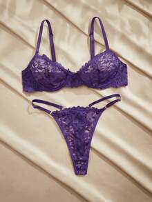 Charlaine 2pcs Lace Lingerie Set For Women, Sexy & Romantic Bra And Thong, Wireless - Purple - View 1