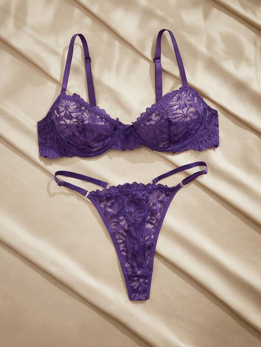 Charlaine 2pcs Lace Lingerie Set For Women, Sexy & Romantic Bra And Thong, Wireless - Purple - View 1
