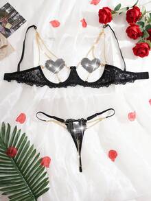 Conjunto de lencería negra fantasía con corazones de strass y tela de punto transparente, para salir - Negro - Ver 3