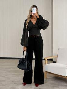 Easowa 复古褶皱灯笼袖抽绳腰露背蝴蝶结安哥拉红网眼T恤，休闲宽松优雅OL风，秋冬款 - 黑色 - 查看 5