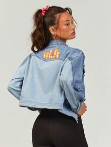 Athîral 女士休闲牛仔撞色刺绣夹克 - 中等水洗藍 - 查看 2