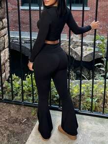 INAWLY Women's Solid Color Cropped Long Sleeve Top And Leggings 2 Pieces Set - Black - View 3