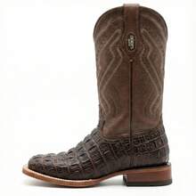 Botas Vaqueras Grabado Tipo Reptil en Piel Real | El Compadre | Horma Bulldog | Punta Cuadrada - Marrón - Ver 4
