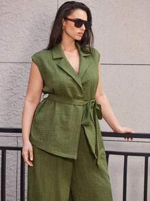 Maija Plus Size 2026 New Solid Color Casual Suit Set, Romantic, Fashionable, Versatile; Comfortable, Elegant, Casual, Simple Daily Wear Business Casual Women Outfit Linen Two Piece Set Olive Green Outfit Women Plus Size Linen Outfits Wide Leg Pants Green Vest Top Spring To Summer Spring Outfit Womenvalentine's Day Carnival Fasching Women Costume Party Beach Wedding Vacation Casual Linen Outfits For Women Green Jumpsuit - Army Green - View 6