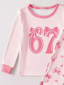 Young Girls Pajamas-2 Piece Pajama Set Pink Butterfly Bow 67 Print Crew Neck Long Sleeve Top Matching Long Pants Elastic Waist Ribbed Cuffs Soft Lightweight Four Season Sleepwear Holiday 2026 Must Have Gift Snug Fit Pants Pajama Set Toddler Sleepwear Pj For Girl - Pink - View 3