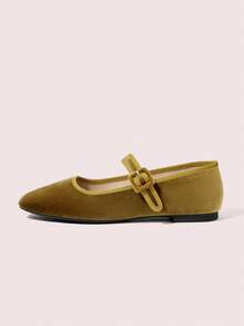 Zapatos Mary Jane Planos Azul Marino de Gamuza, Zapato Punta Redonda con Tira y Broche Decorativo para Oficina, Citas y Salidas Casual Moda Mujer - Verde - Ver 8