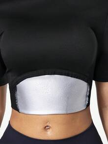 Seamluxe SHEIN Sport Top deportivo de manga corta, ajustado, de malla, negro con detalles reflectantes plateados, que favorece la transpiración, para entrenamiento y actividades deportivas casuales y versátiles para mujeres - Negro - Ver 6