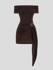 INAWLY Women's Fashionable & Elegant Knitted Textured Fitted Off Shoulder Bell Sleeve Mini Dress With Metal Accessories - Brown - View 1