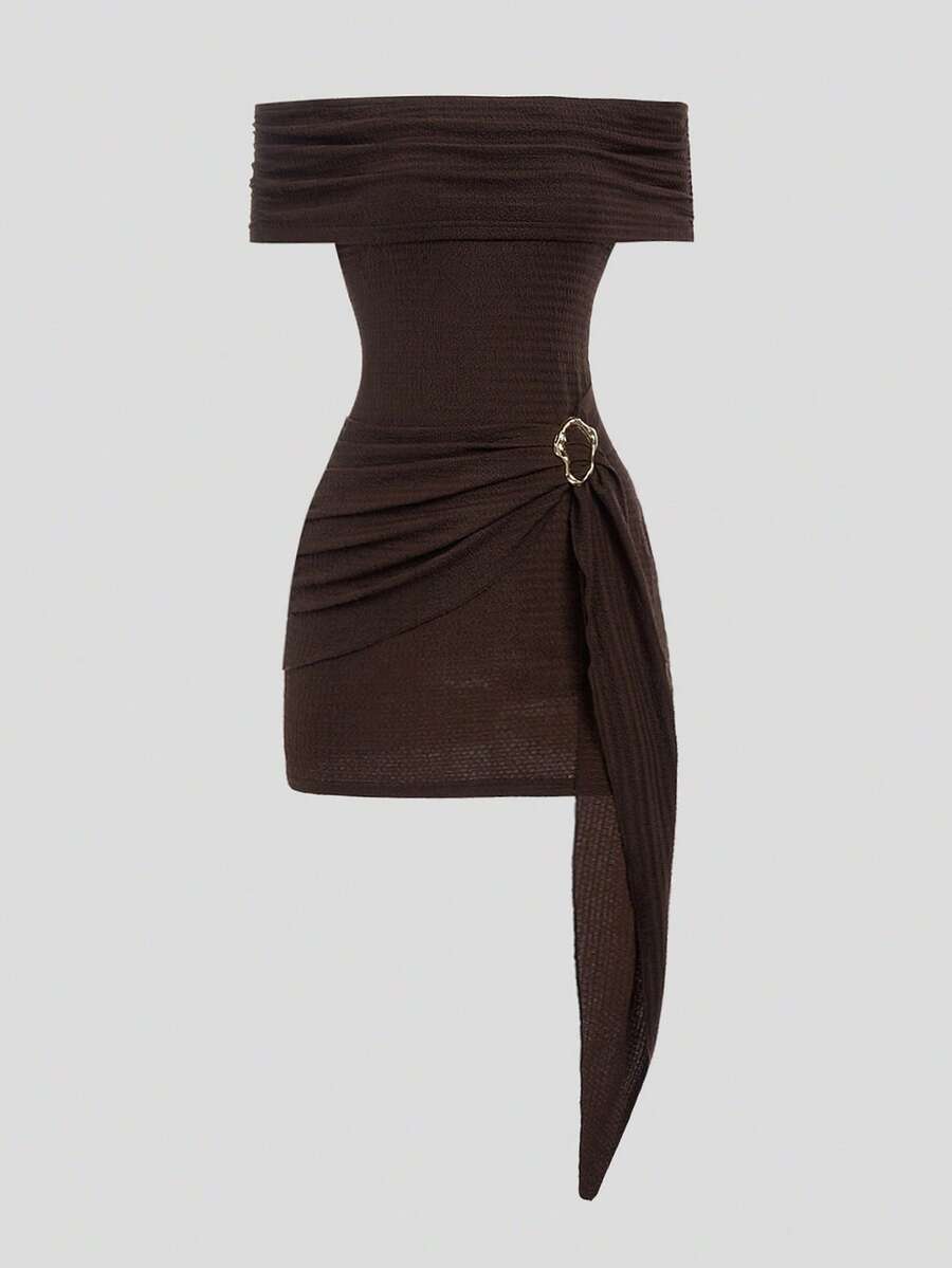 INAWLY Women's Fashionable & Elegant Knitted Textured Fitted Off Shoulder Bell Sleeve Mini Dress With Metal Accessories - Brown - View 1