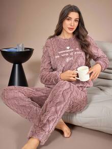 Lazeform Letter Embroidery Jacquard Fleece Ladies Fluffy Pajama Set, Fall Winter Clothes, Cozy Outfit