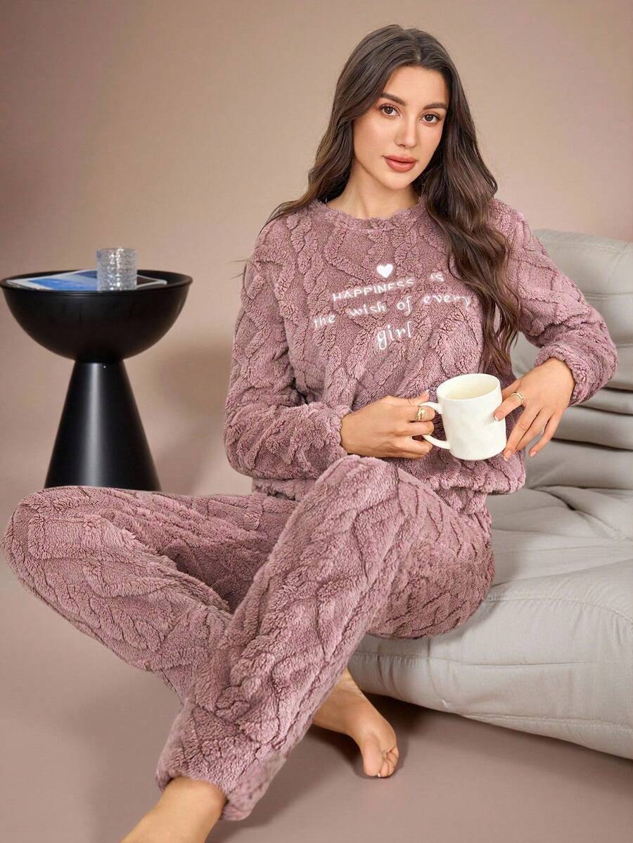 Lazeform Letter Embroidery Jacquard Fleece Ladies Fluffy Pajama Set, Fall Winter Clothes, Cozy Outfit