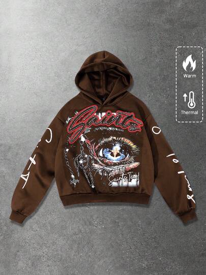 Street Life Felpa con cappuccio da uomo, stile casual da strada, popolare stampa grafica occhio americano su felpa corta, autunno/inverno