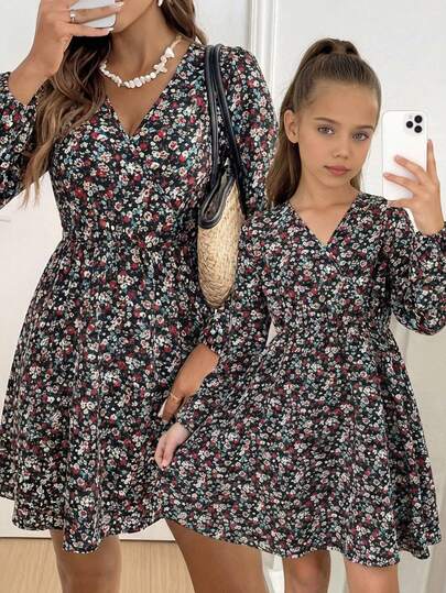 Tween Girl Ditsy Floral Woven V-Neck Long Sleeve Fitted Casual Cake A-Line Frenchy Dress,Autumn Winter New Arrival,Young Girl , Daily Wear, School, Autumn & Winter,Pairing White Shirt,Back To School Season.College Style, For Christmas, Girls Winter Clothes,Christmas Clothes, Party Wear, Daily Wear School Daily, Birthday Clothes, Princess Clothes,Mom And Daughter & Sisters Matching
