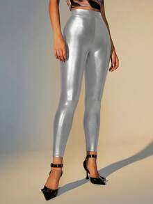 COSMINA Women's Solid Color High Waist PU Leather Fashion Tights, Winter Women, Silver Pants, Leggings, Metallic For - Silver - View 4