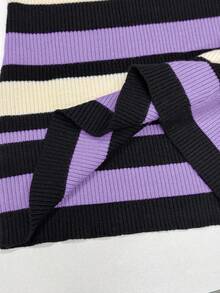 Flirla Women's Autumn/Winter Casual Fashion Colorblock Striped Foldover Off Shoulder Fitted Sweater - Purple - View 7